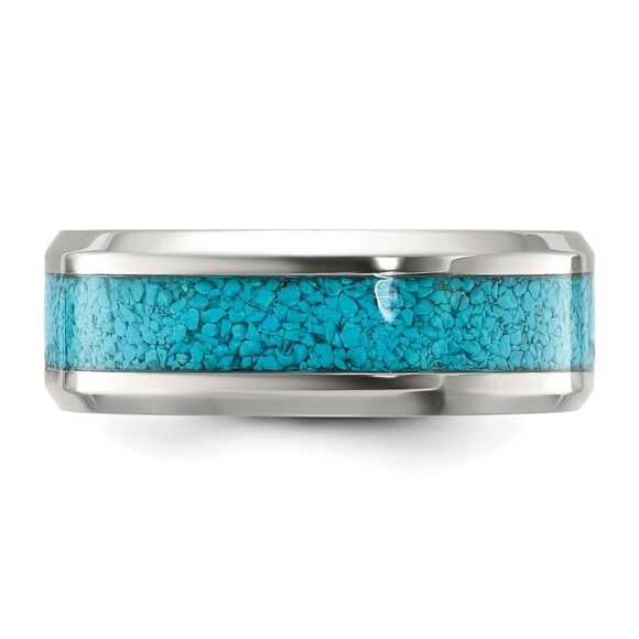 Kazi Luxury Chisel Titanium Polished with Turquoise Inlay 8mm Band - Picture 3 of 9